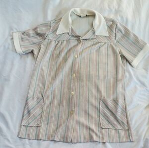 Lind Clare Vtg 1970's Striped Short Sleeve Button-Up Smock Shirt, Size 36" Chest